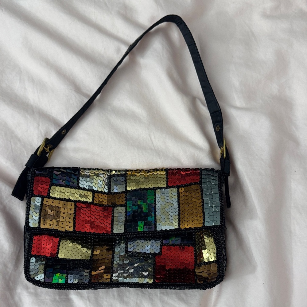 Sequin Patchwork Baguette Shoulder Bag - image 1